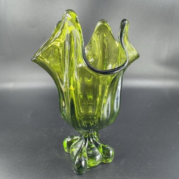 Viking Glass Avocado Green Epic Four Square Base Swung Glass Vase Bowl Dish VTG - Picture 10 of 13